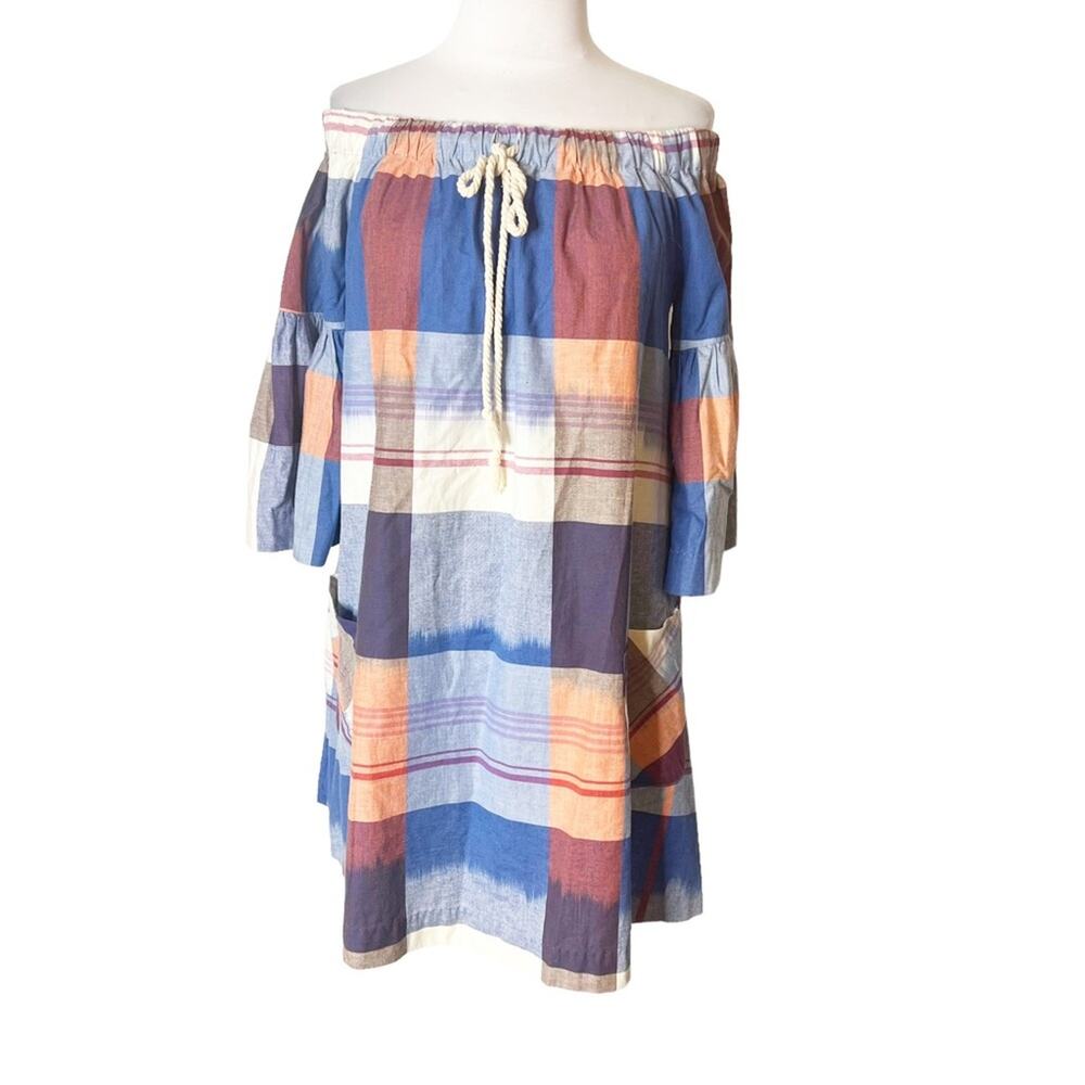Warm NY Red And Blue Plaid Off The Shoulder Mini Swing Dress Size